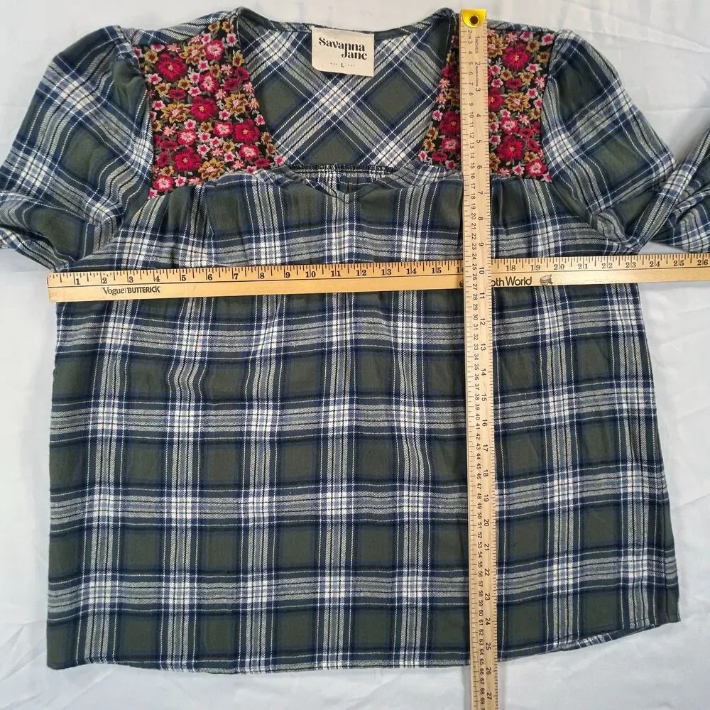 Savanna Jane Plaid Floral Embroidered Peasant Blouse L Green Cottagecore Boho